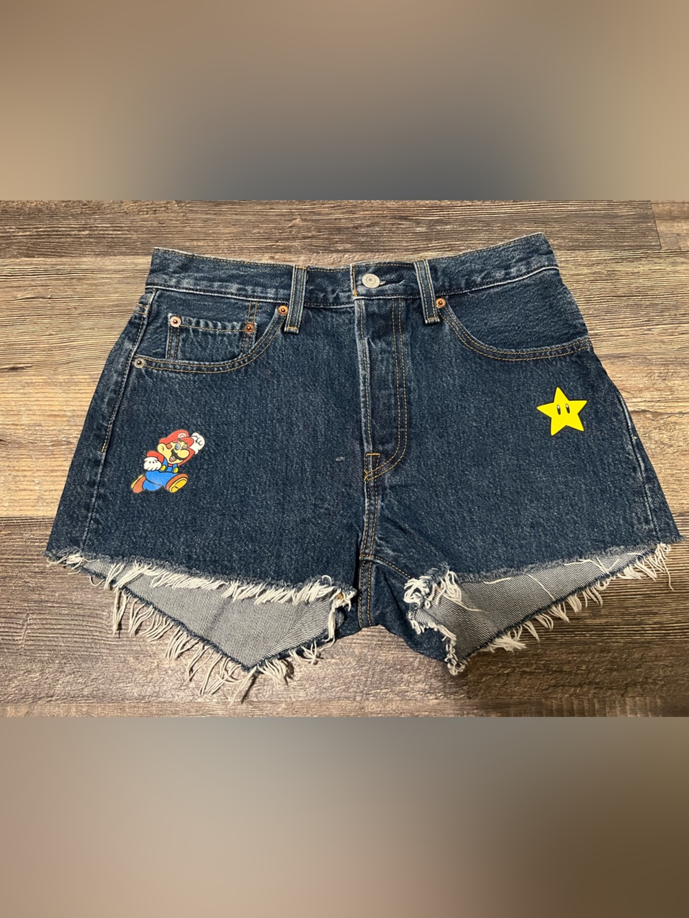 Dark Wash Denim Women's Shorts with Mario Star Graphics